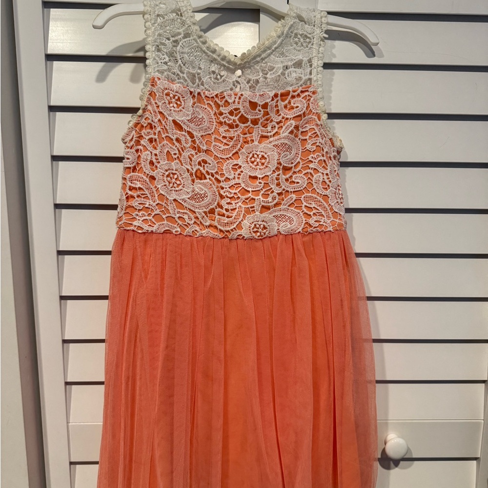 Sequin Hearts Kids Dress - White Lace and Orange Tulle